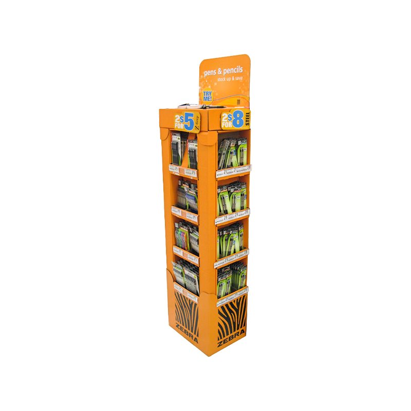 Three sided pantone color printing foldable corrugated display for pens & pencils 