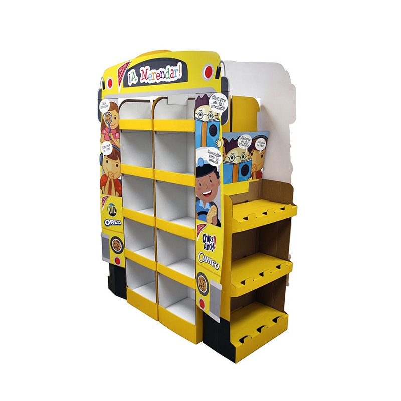 Customized 3-sided carton style multi-tier display rack for snacks